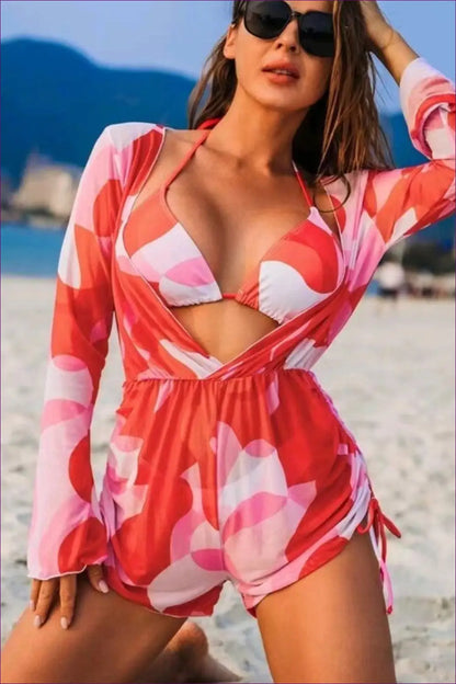 Boho Mesh Bikini Set with Cover Up - Vacation Mood Activated - s / Red - Swimwear - Lingerie Hut - Beachwear • Cutout