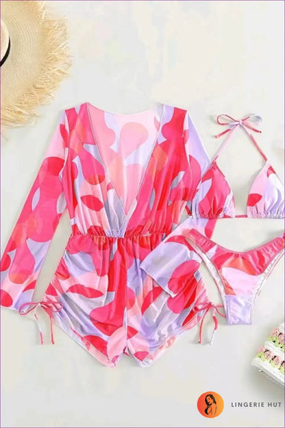 Boho Mesh Bikini Set with Cover Up - Vacation Mood Activated - s / Pink - Swimwear - Lingerie Hut - Beachwear • Cutout