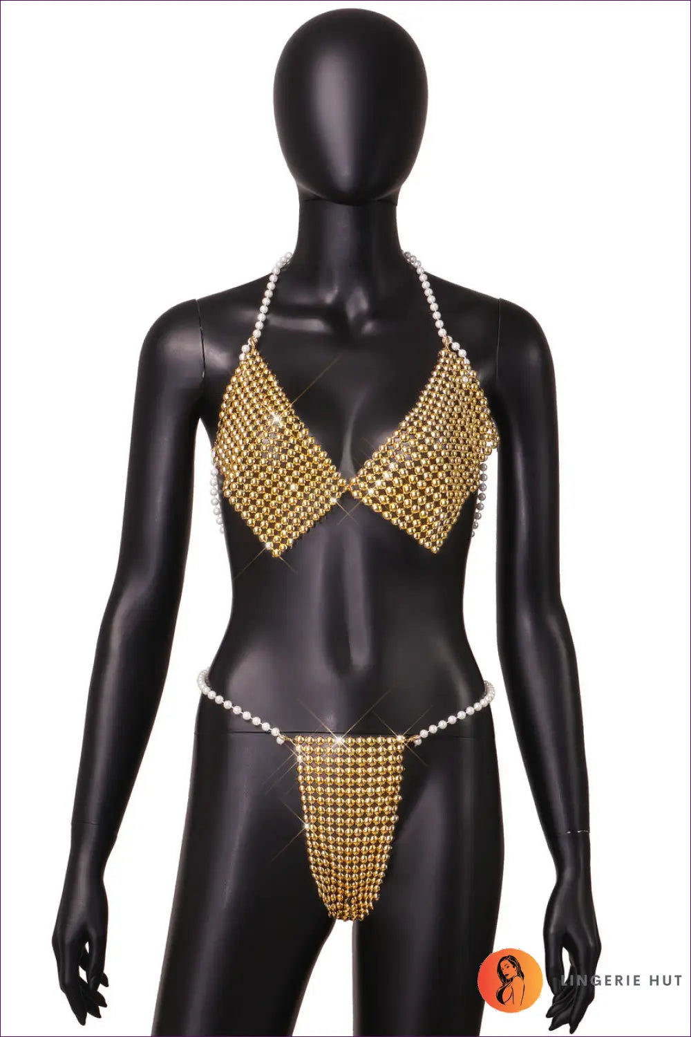 Boho Pearl Halter Lingerie Set - Effortless Allure - one Size / Gold - Bra - Hut - All Season • Boudoir • Halter