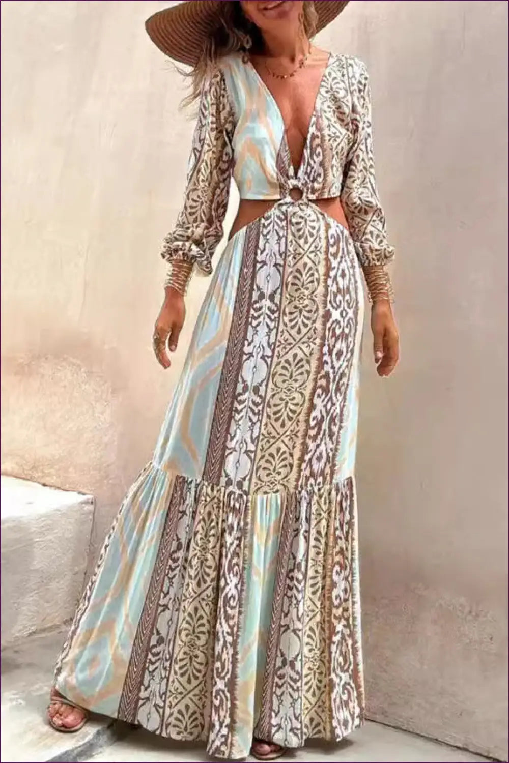 Boho Print Cutout Maxi Dress - Free-spirited Elegance for Boho, Casual, Cutout, Dress, Glamour