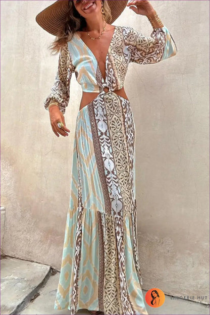 Boho Print Cutout Maxi Dress - Free-spirited Elegance for Boho, Casual, Cutout, Dress, Glamour