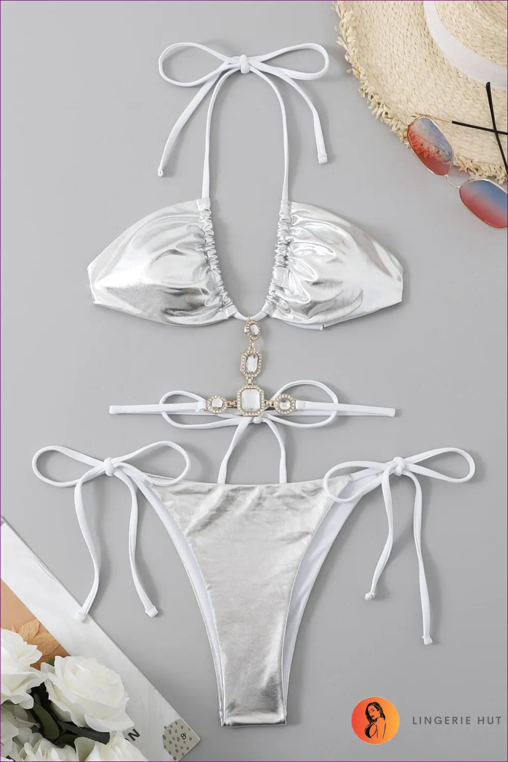 Embrace The Boho Spirit With Our Dazzling Rhinestone Halter Bikini. Elevate Your Beach Style Its Stunning Tie