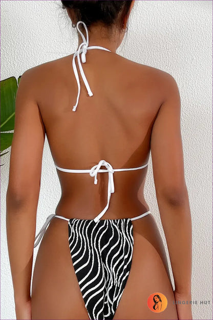 Boho Striped Cutout Bikini – Summer Vibes For Beachwear, Bikini, Cutout, Polyester, Sexy