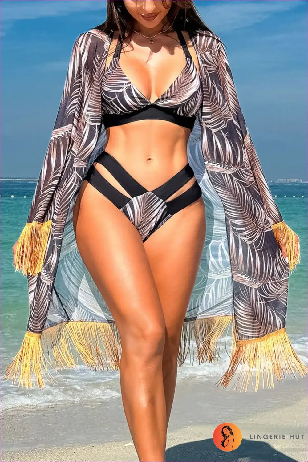 Boho Tassel Bikini Set – Summer Three-piece Swimsuit For Beachwear, Bikini, Cover Up, Vaccation, x