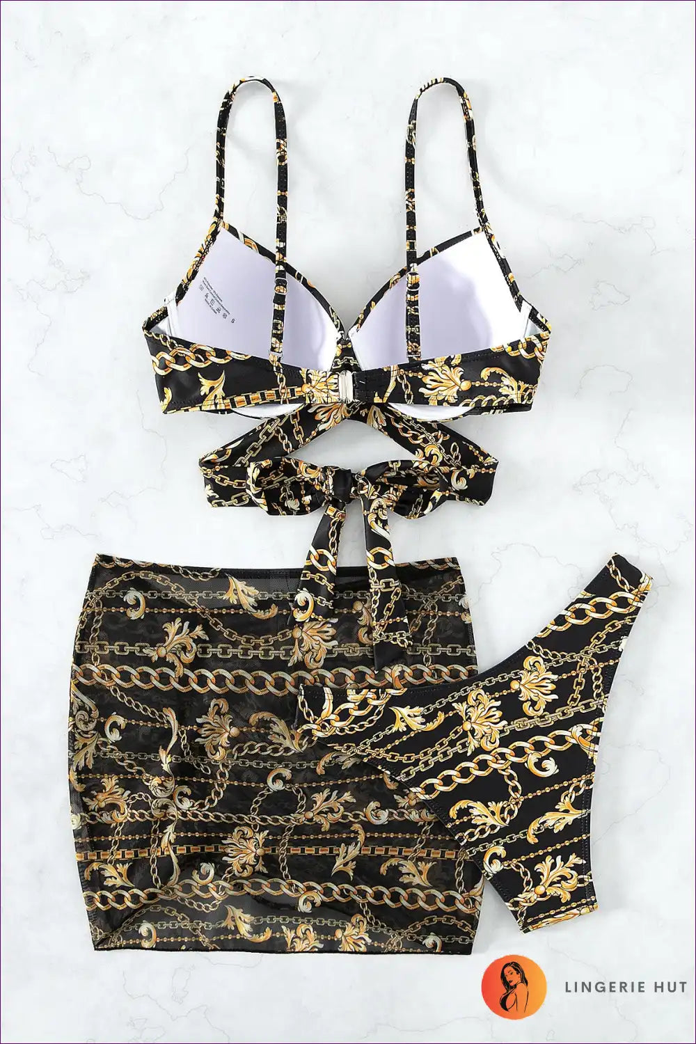 Hit The Beach In Boho Style With Our Sexy Swimsuit! Three-piece, Baroque Print, Lace-up Details - Perfect For