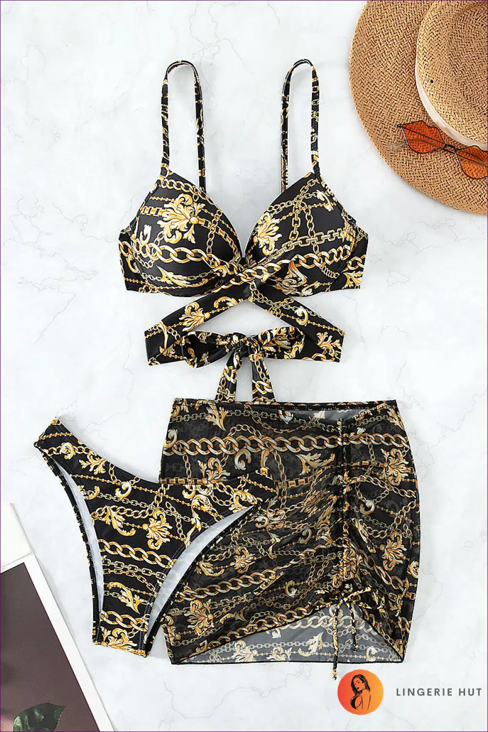 Hit The Beach In Boho Style With Our Sexy Swimsuit! Three-piece, Baroque Print, Lace-up Details - Perfect For