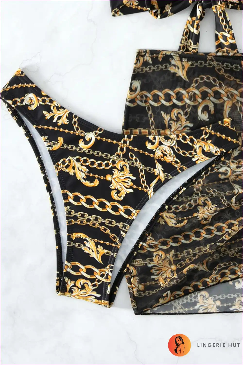 Hit The Beach In Boho Style With Our Sexy Swimsuit! Three-piece, Baroque Print, Lace-up Details - Perfect For