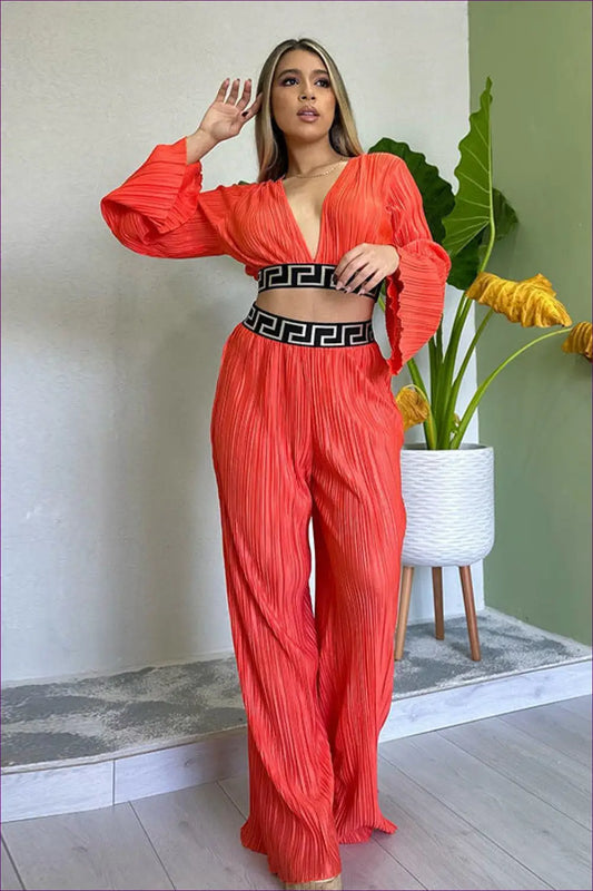 Bold Orange Pleated Co-ord Set - Grecian Glamour for Chiffon, co Ord, Crop, Cutout, Date Night