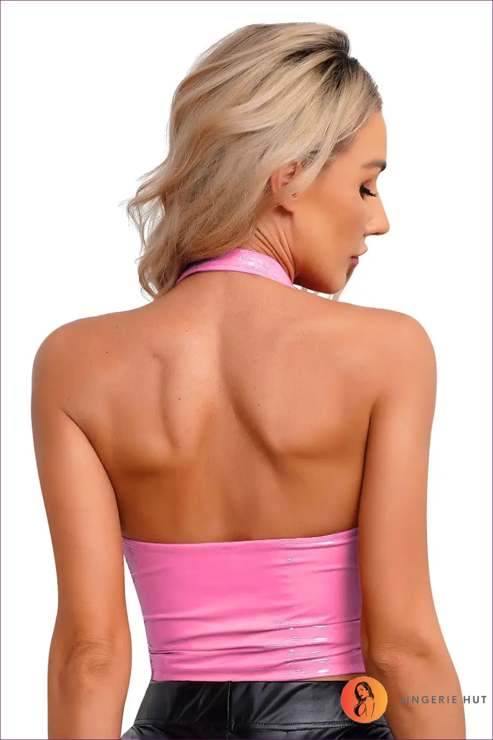 Bold Pink Latex Zip-up Halter Top - Vibrant Elegance