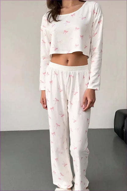 Bow Print Lounge Pajama Set with Crop Top - Cosy Homewear for All Season, Casual, Crop, Everyday,