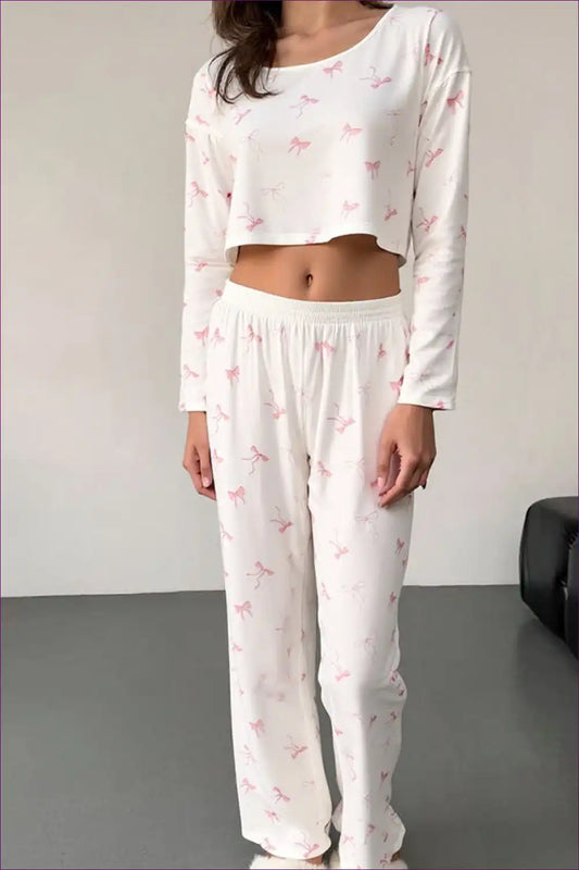 Bow Print Lounge Pajama Set with Crop Top - Cosy Homewear for All Season, Casual, Crop, Everyday,