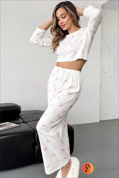 Bow Print Lounge Pajama Set with Crop Top - Cosy Homewear for All Season, Casual, Crop, Everyday,