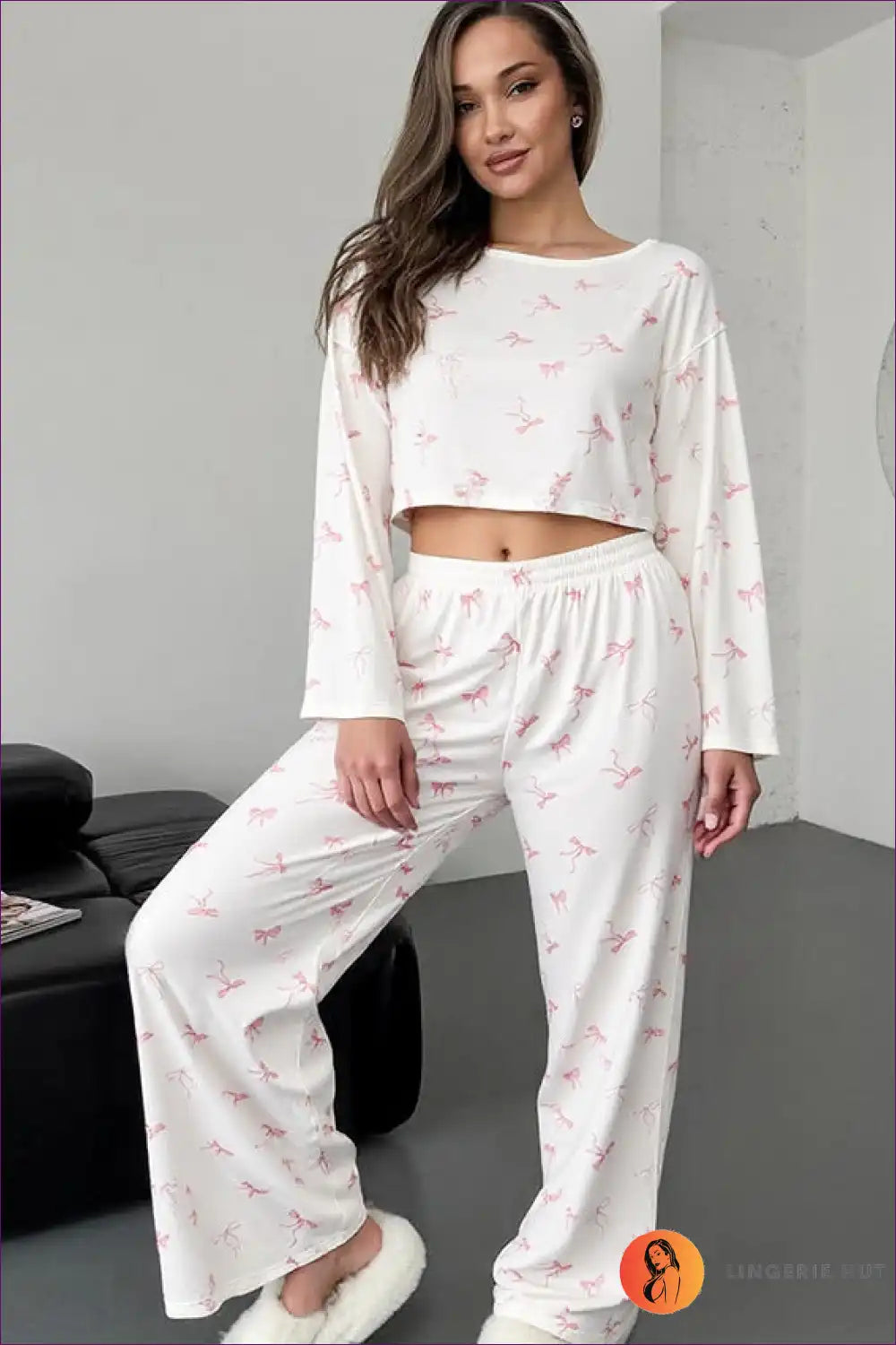 Bow Print Lounge Pajama Set with Crop Top - Cosy Homewear for All Season, Casual, Crop, Everyday,