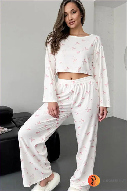 Bow Print Lounge Pajama Set with Crop Top - Cosy Homewear for All Season, Casual, Crop, Everyday,