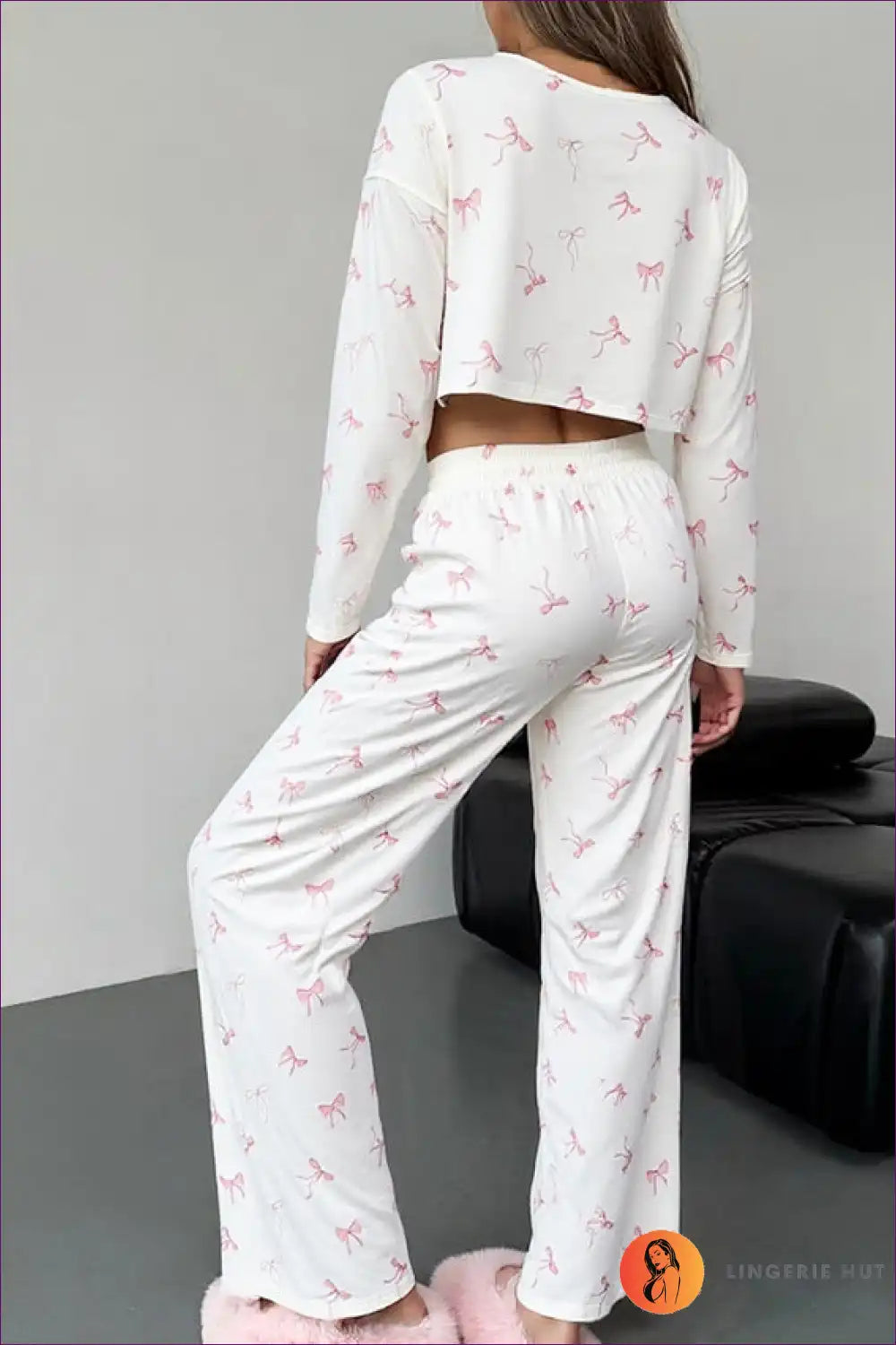 Bow Print Lounge Pajama Set with Crop Top - Cosy Homewear for All Season, Casual, Crop, Everyday,
