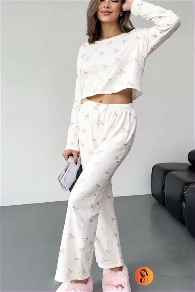 Bow Print Pyjama Set with Crop Top - Effortless At-Home Style