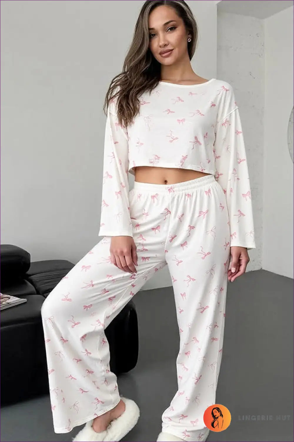 Bow Print Pyjama Set with Crop Top - Effortless At-home Style - Lingerie Hut - All Season • Casual • Everyday