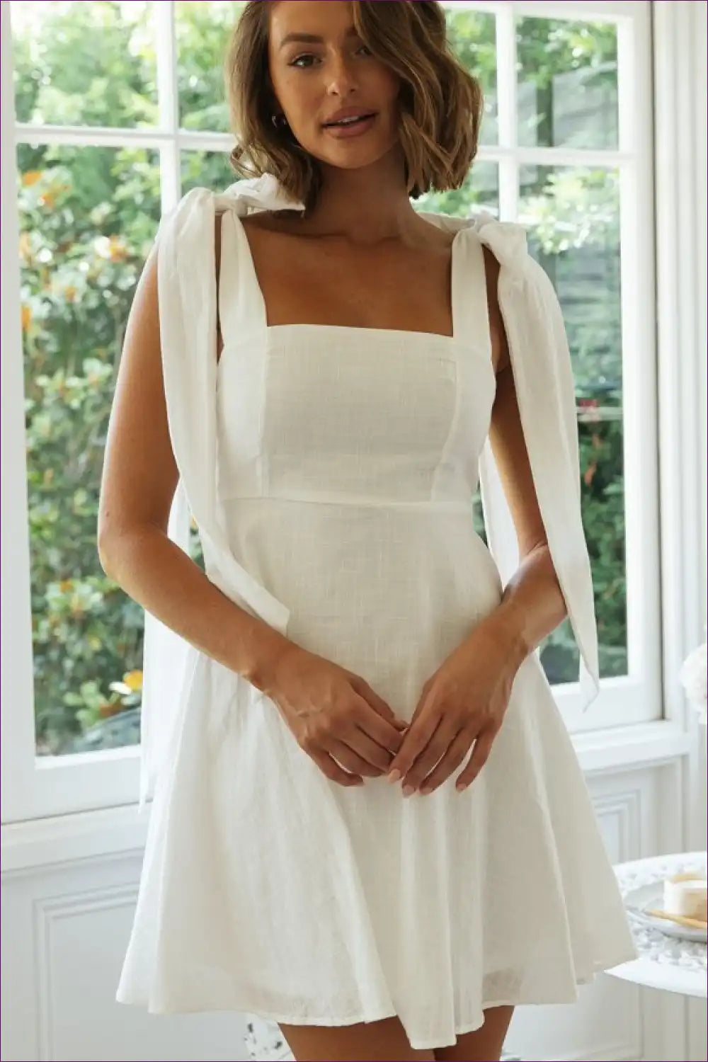 Bow Strap Mini Dress with Smocked Bodice - Summer Sweetness for a Line, Casual, Cotton, just In,