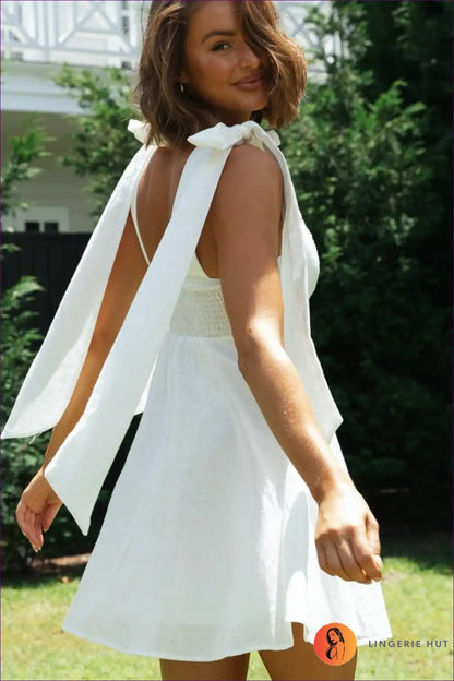Bow Strap Mini Dress with Smocked Bodice - Summer Sweetness for a Line, Casual, Cotton, just In,