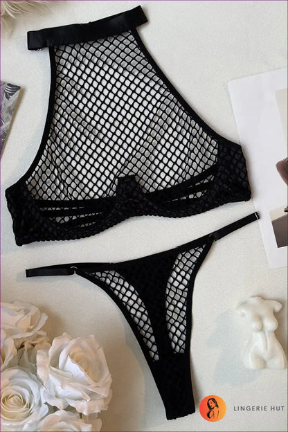 Bra and Brief Set with Fishnet Overlay - Edgy Night Energy for Boudoir, Set, Clubwear, Date Night, Evening
