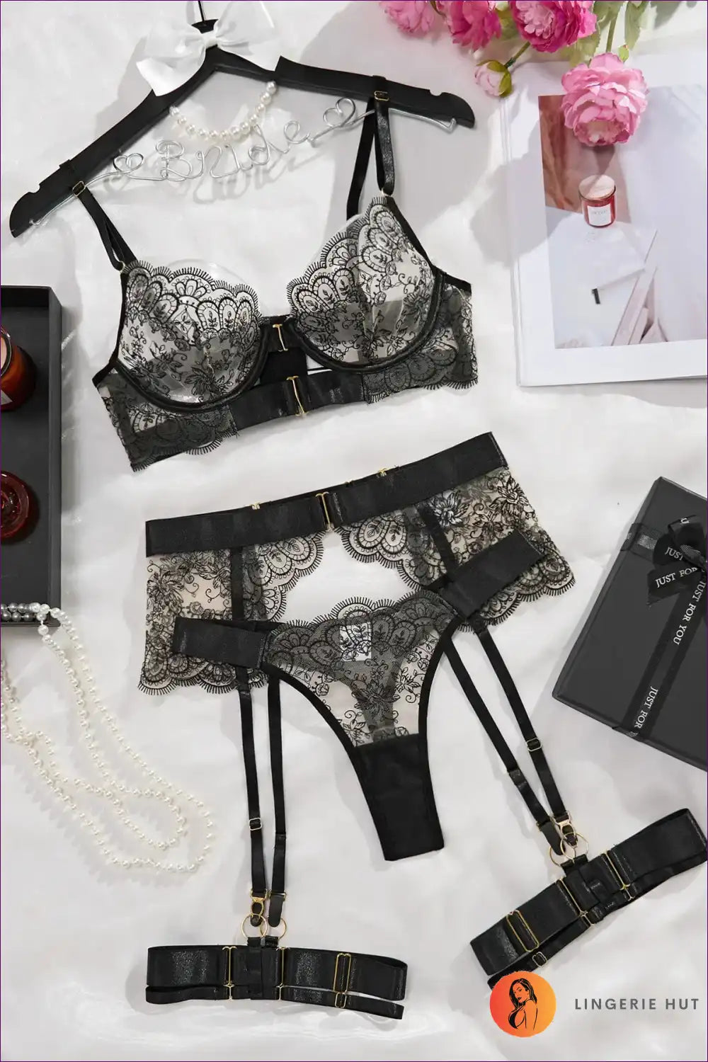 Bra and Brief Set with Lace Garter - Confidence Unveiled for Boudoir, Set, Date Night, Everyday, Floral