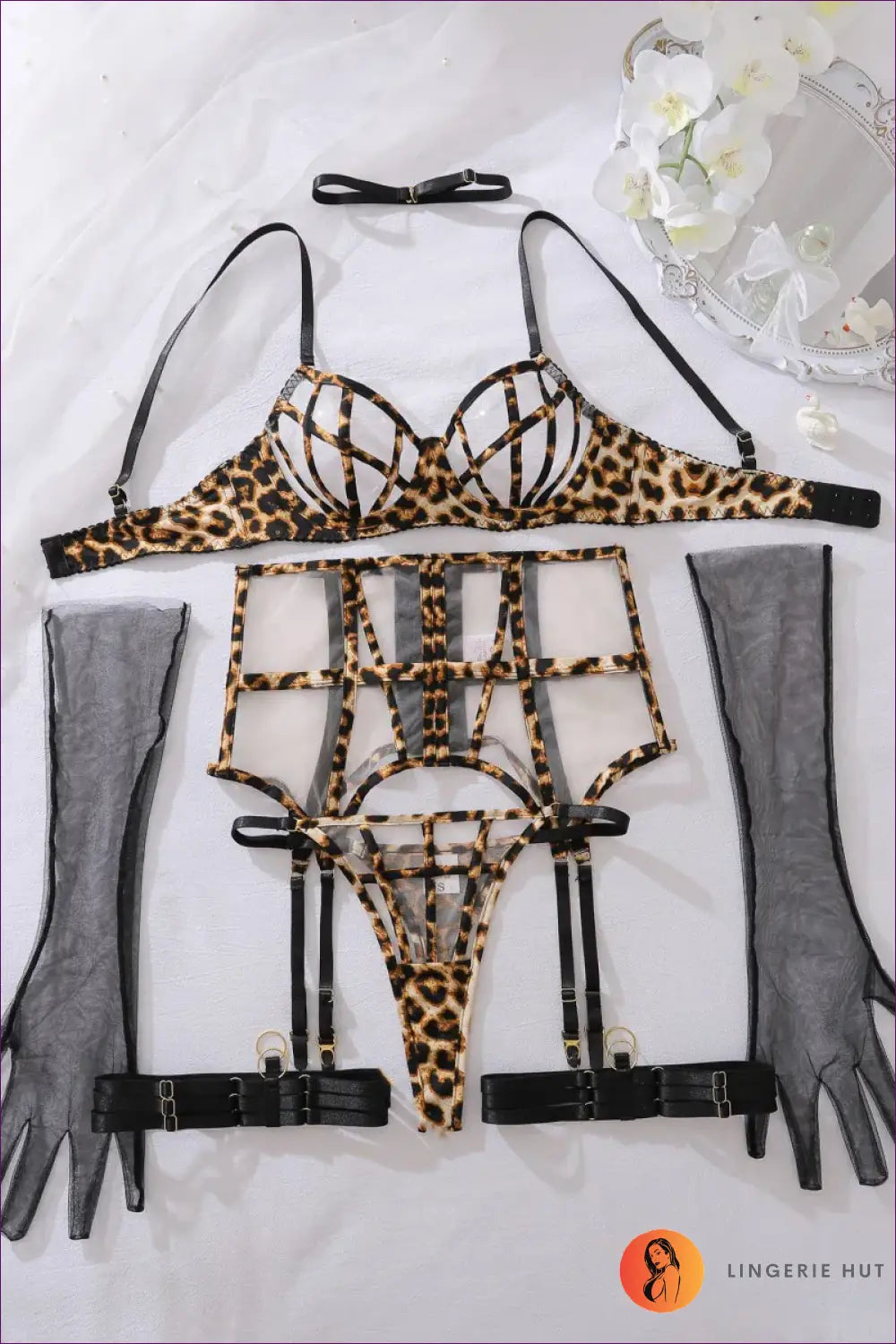 Bra & Garter Set with Leopard Straps - Statement Lingerie - s - Animal • Boudoir • Cutout • Date Night - Hut