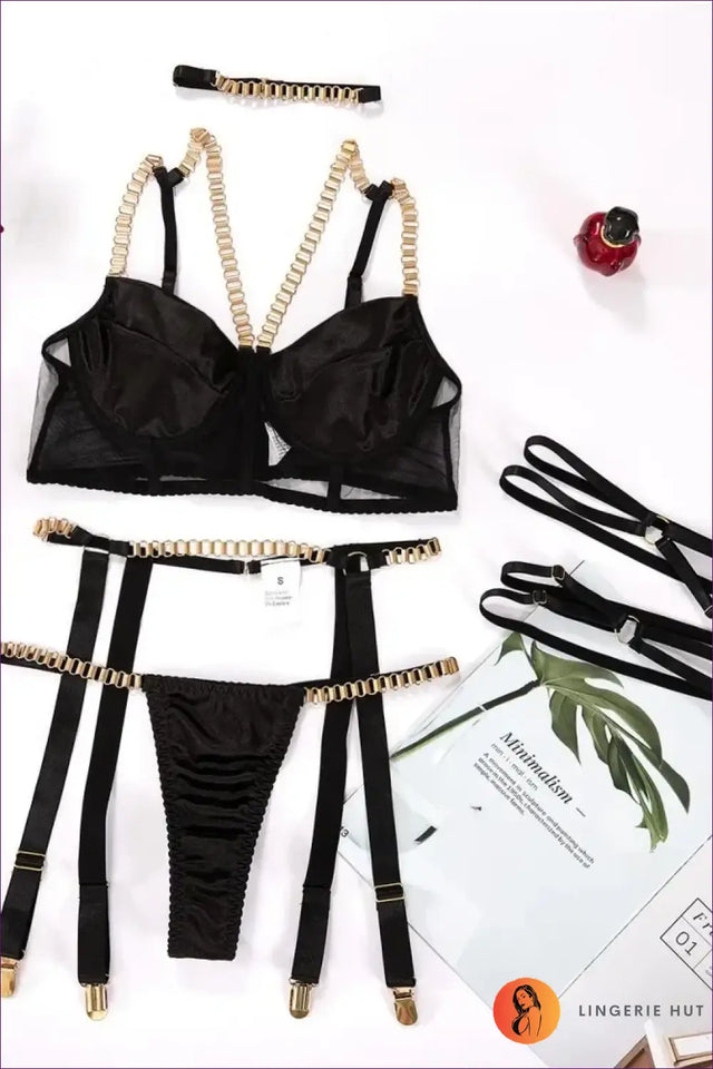 Bra and Panties Set with Chain Straps & Garter - Party Allure