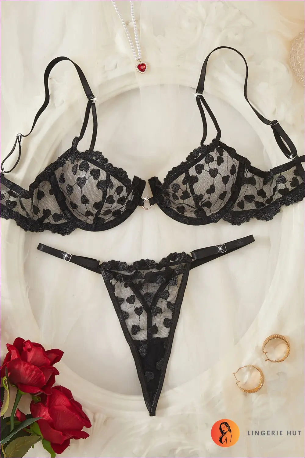 Bra and Panty Set with Heart Lace Detail - Sweetheart Confidence - s / Black - Bras & Sets - Boudoir • Date Night