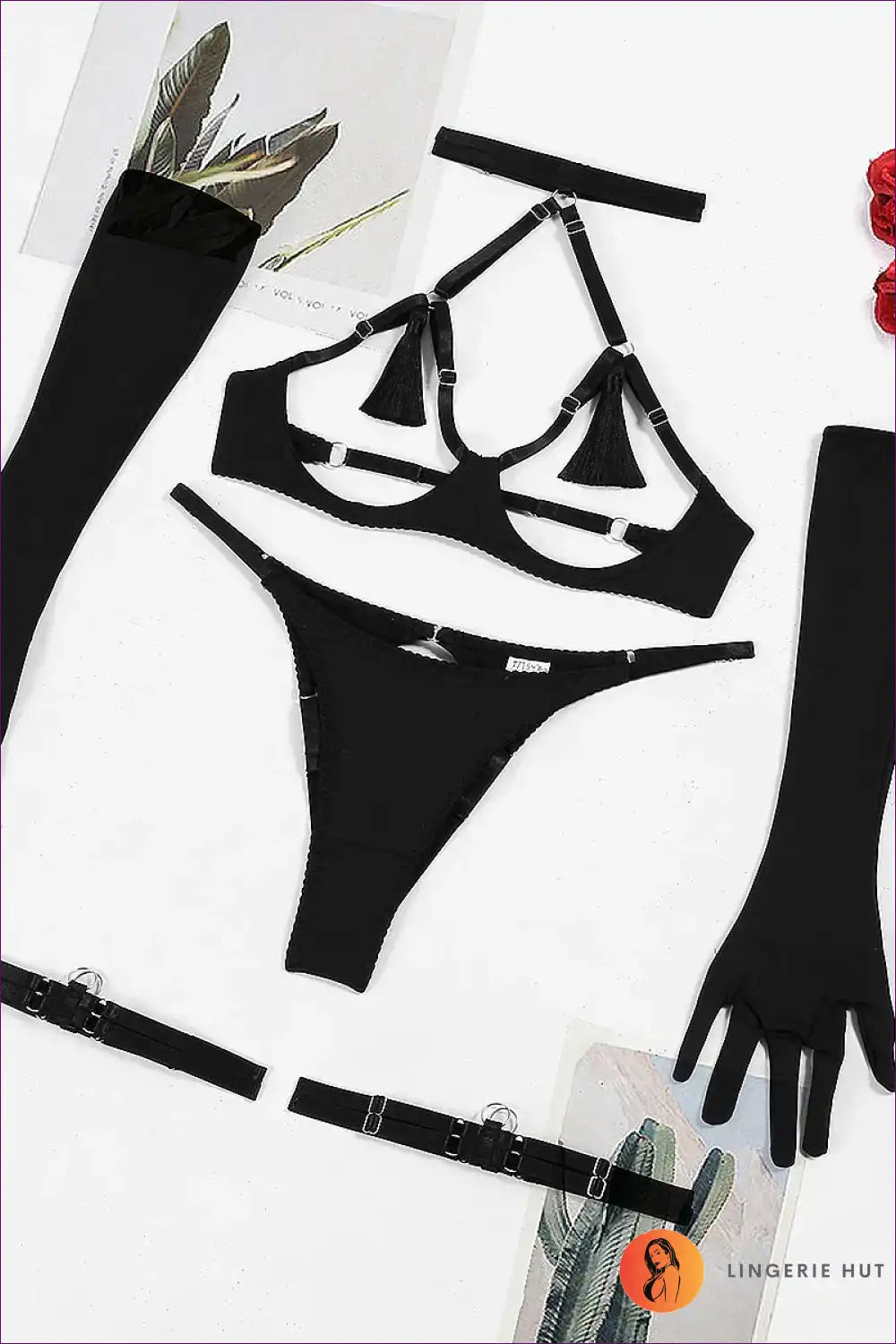 Bra and Panty Set with Mesh Halter & Glove - Statement Energy for Backless, Boudoir, Set, Cutout, Date Night