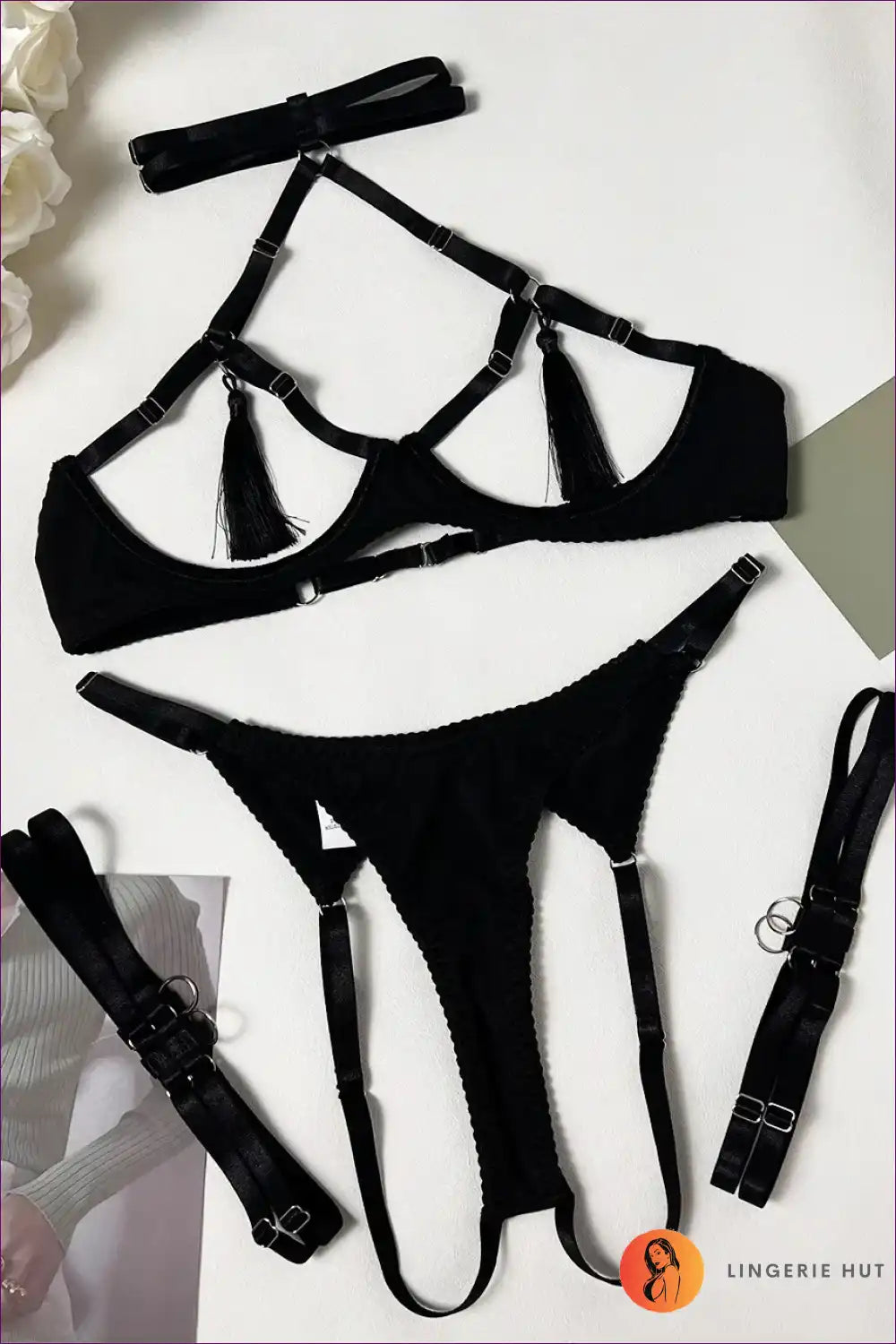 Bra and Panty Set with Mesh Halter & Glove - Statement Energy for Backless, Boudoir, Set, Cutout, Date Night