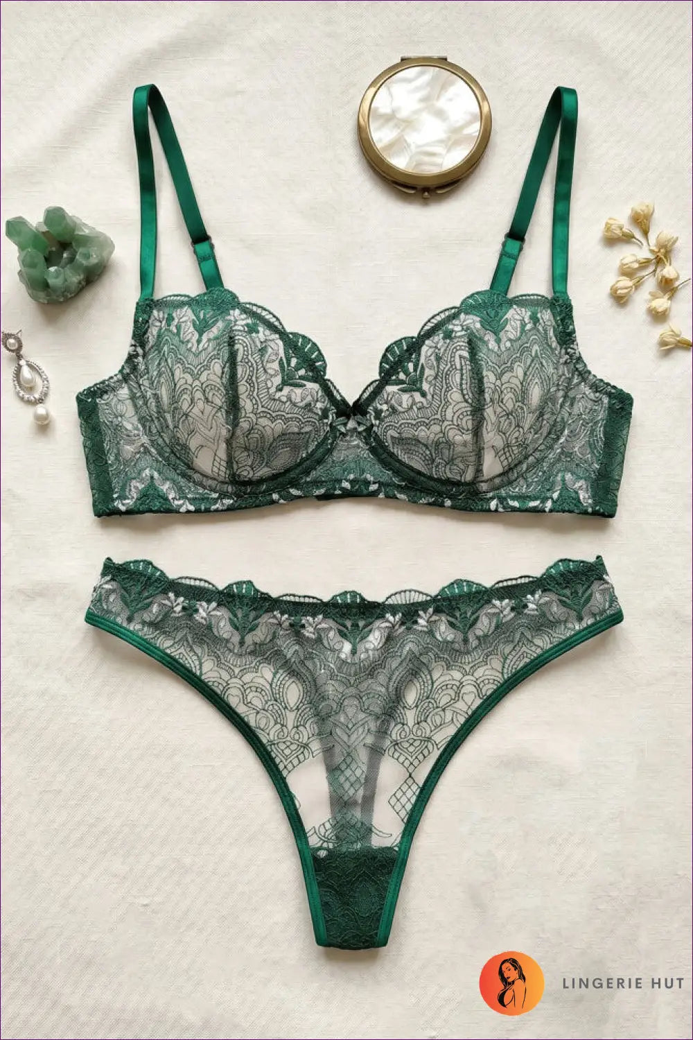 Bra Set with Embroidered Cups - Sweet Confidence - s / Green - Boudoir • Everyday • Floral • just in - Lingerie Hut