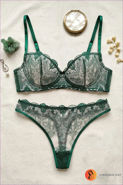 Bra Set with Embroidered Cups - Sweet Confidence - s / Green - Boudoir • Everyday • Floral • just in - Lingerie Hut