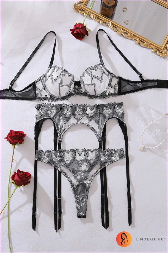 Bra Set with Embroidered Hearts - Playful Romance