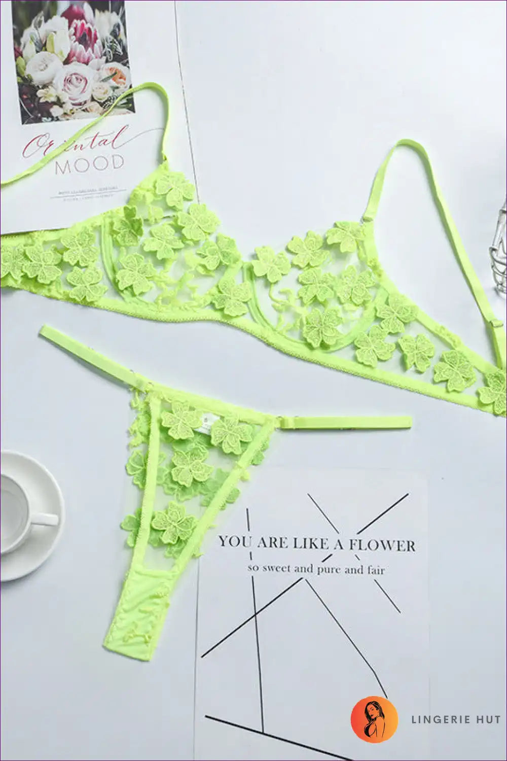 Bra Set with Floral Appliques - Garden Romance for Boudoir, Set, Floral, Glamour, Honeymoon