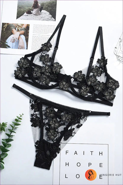 Bra Set with Floral Appliques - Garden Romance for Boudoir, Set, Floral, Glamour, Honeymoon