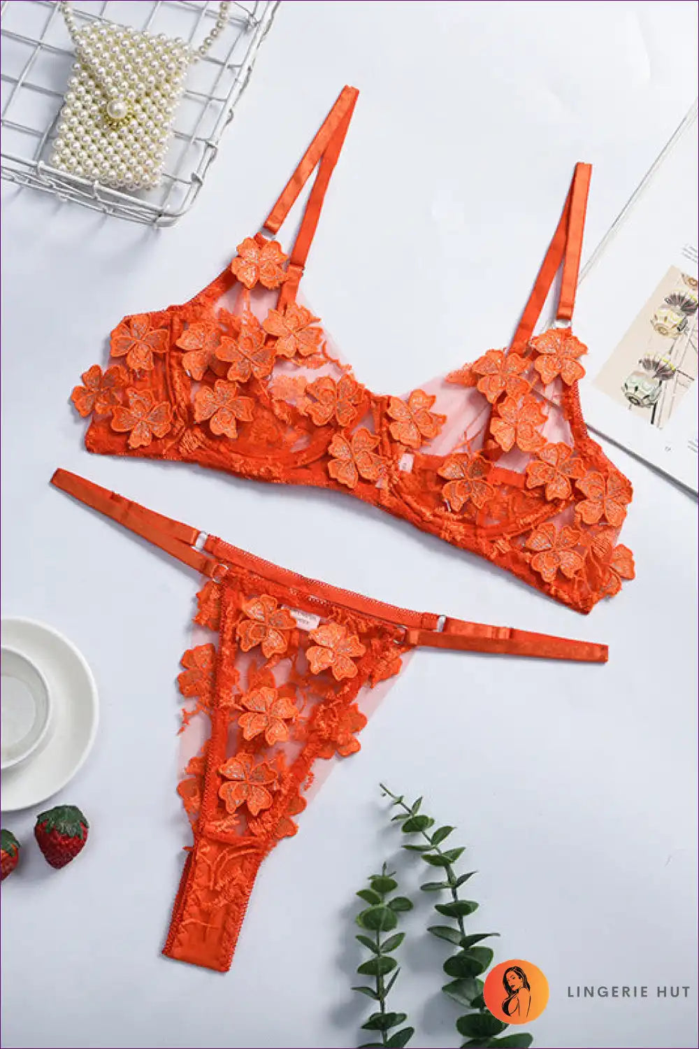 Bra Set with Floral Appliques - Garden Romance for Boudoir, Set, Floral, Glamour, Honeymoon