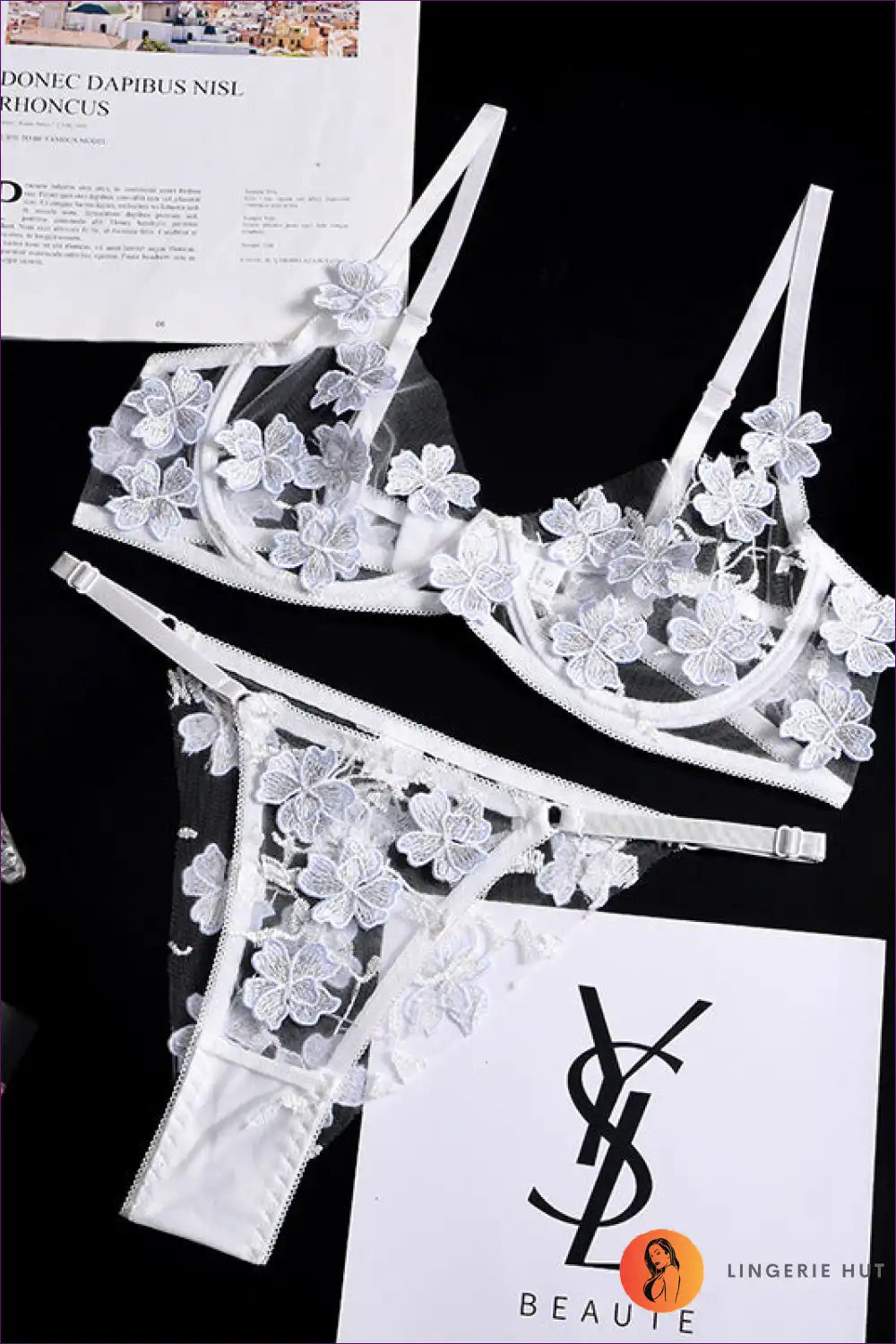 Bra Set with Floral Appliques - Garden Romance for Boudoir, Set, Floral, Glamour, Honeymoon