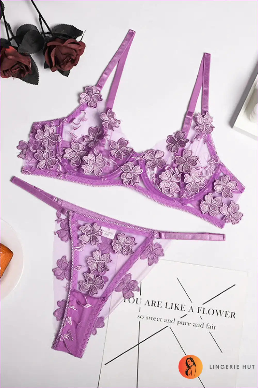 Bra Set with Floral Appliques - Garden Romance for Boudoir, Set, Floral, Glamour, Honeymoon