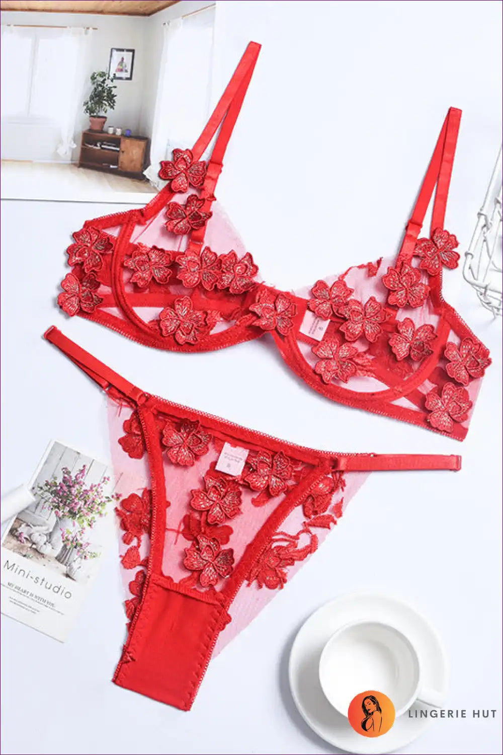 Bra Set with Floral Appliques - Garden Romance for Boudoir, Set, Floral, Glamour, Honeymoon