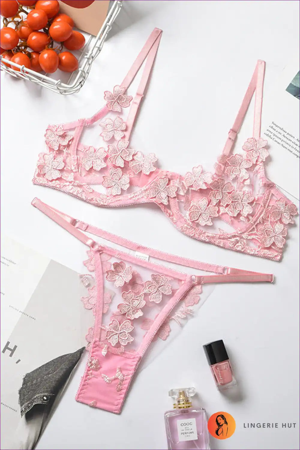 Bra Set with Floral Appliques - Garden Romance for Boudoir, Set, Floral, Glamour, Honeymoon