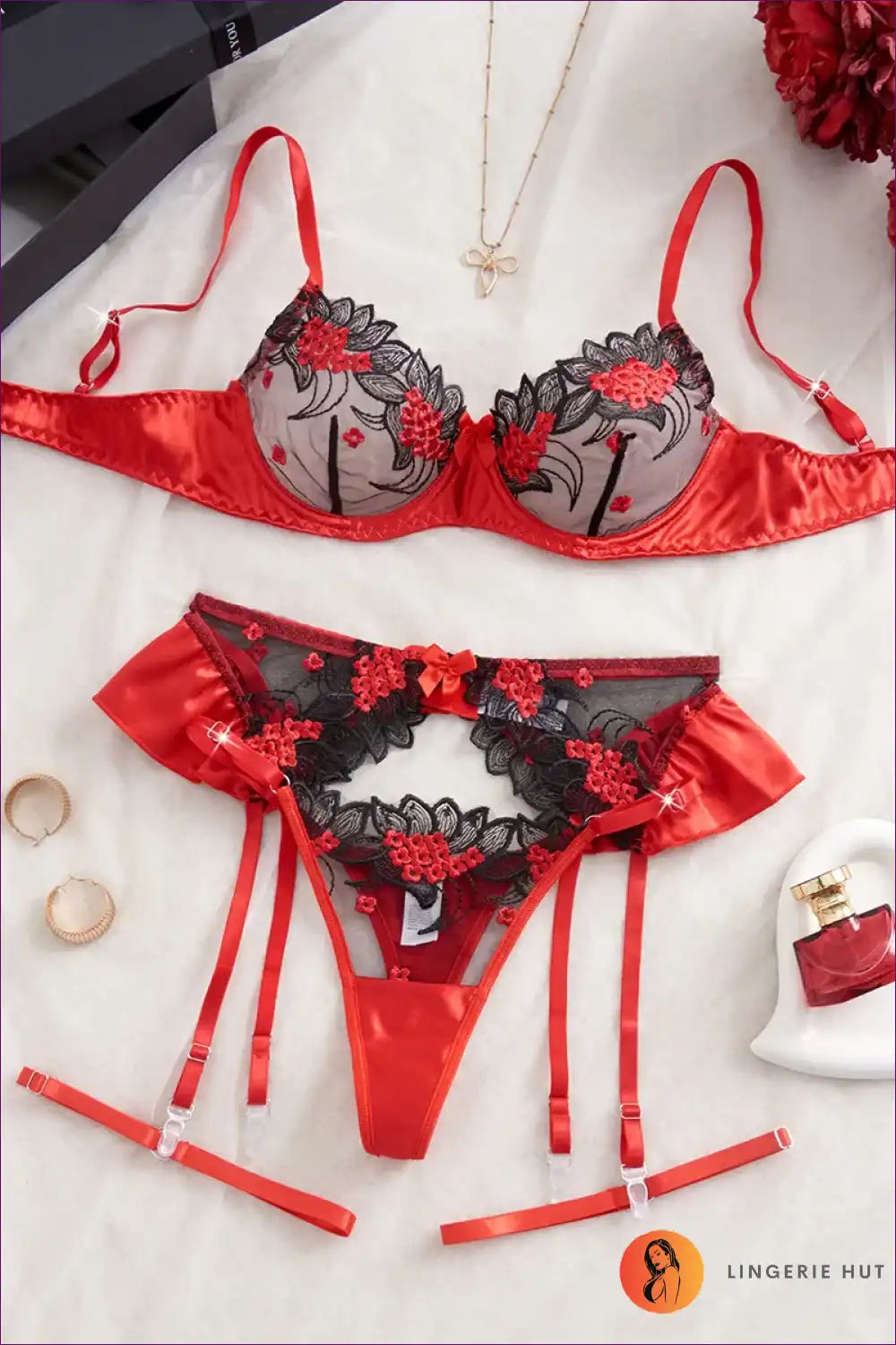 Bra Set with Floral Embroidery & Garter Straps - Intimate Romance for Boudoir, Set, Date Night, Evening Wear,