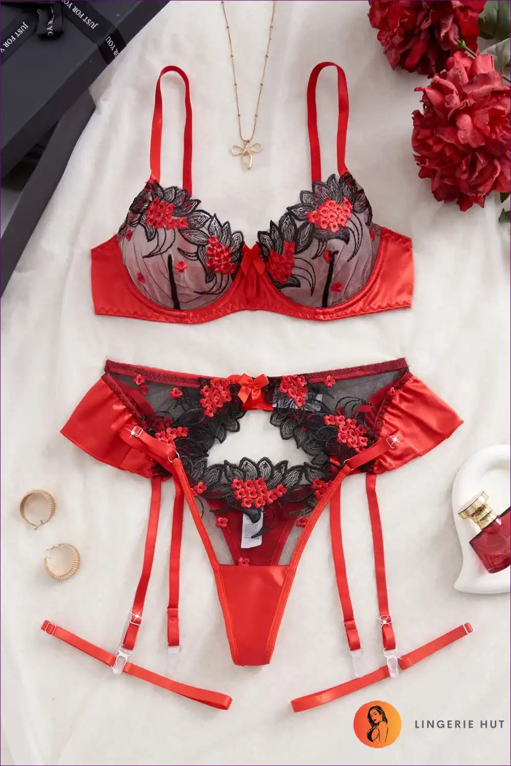 Bra Set with Floral Embroidery & Garter Straps - Intimate Romance for Boudoir, Set, Date Night, Evening Wear,