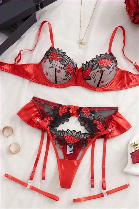 Bra Set with Floral Embroidery & Garter Straps - Intimate Romance for Boudoir, Set, Date Night, Evening Wear,