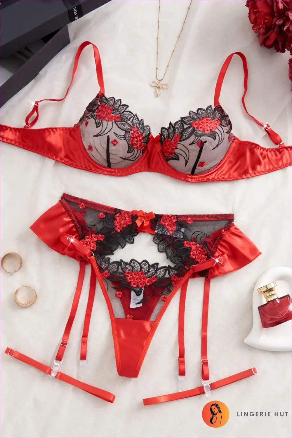 Bra Set with Floral Embroidery & Garter Straps - Intimate Romance for Boudoir, Set, Date Night, Evening Wear,
