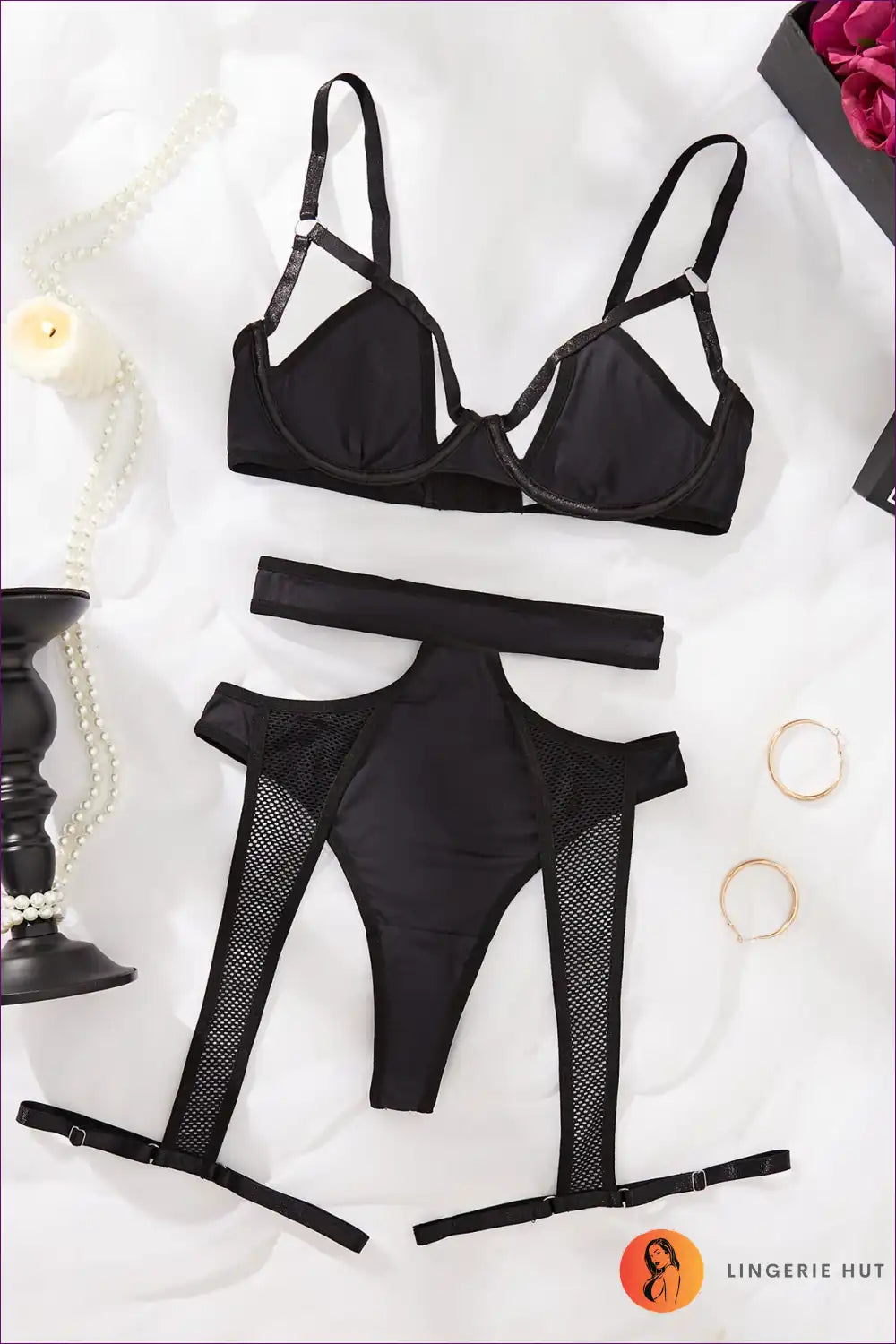 Bra Set with Mesh Cut-outs - Bold Confidence for All Season, Boudoir, Set, Clubwear, Cutout