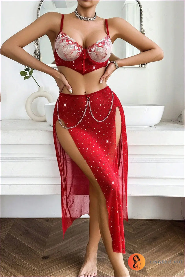 Rhinestone Bra Set with Chain Detail - Red Carpet Energy