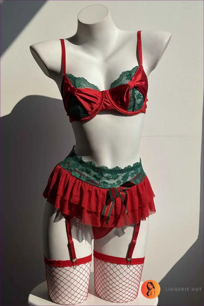 Bra Set with Ruffle Skirt and Lace - Festive Party Energy - Red / s - Lingerie Hut - All Season • Boudoir • Garter