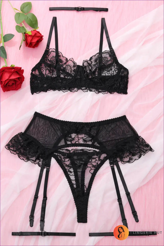 Embroidered Lace Bra and Suspender Set - The Honeymoon Edit