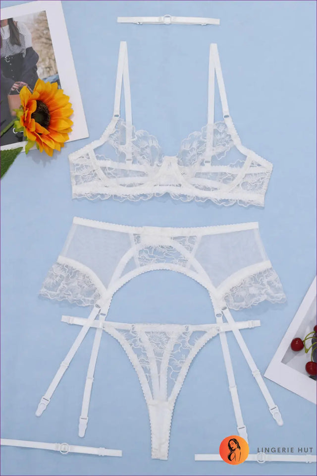 Embroidered Lace Bra and Suspender Set - The Honeymoon Edit