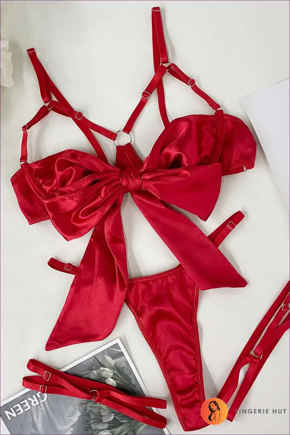 Bra & Thong Lingerie Set with Oversized Bow - Playful Statement - Red / s - All Season • Boudoir • Cutout • Date Night
